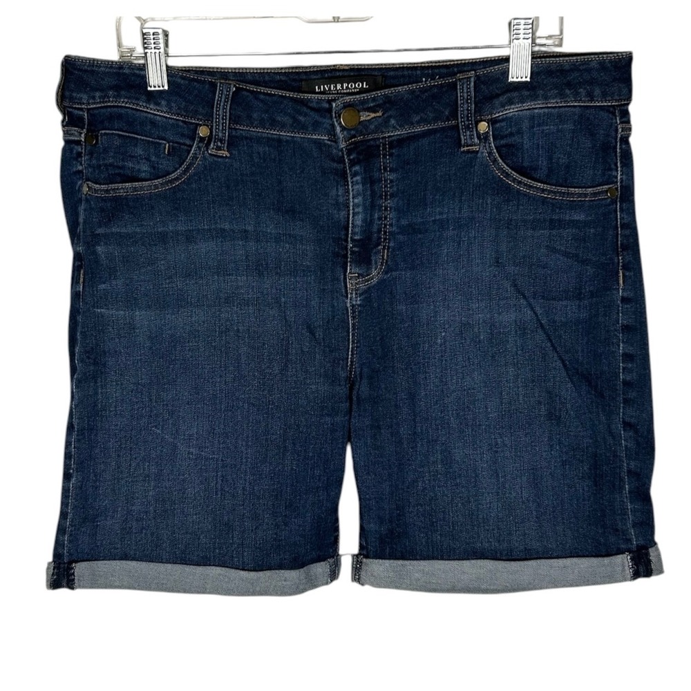 Liverpool Jeans Company Women 14 Dark Wash Cuffed Denim Shorts Montauk Mid Blu